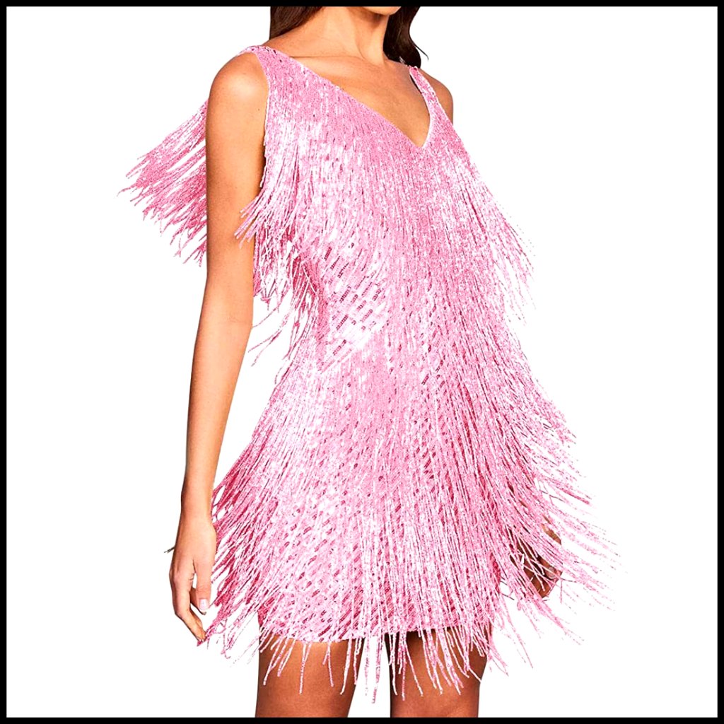 Sequin Fringe Flapper Dress V-Neck Backless Gatsby Party Evening Gown